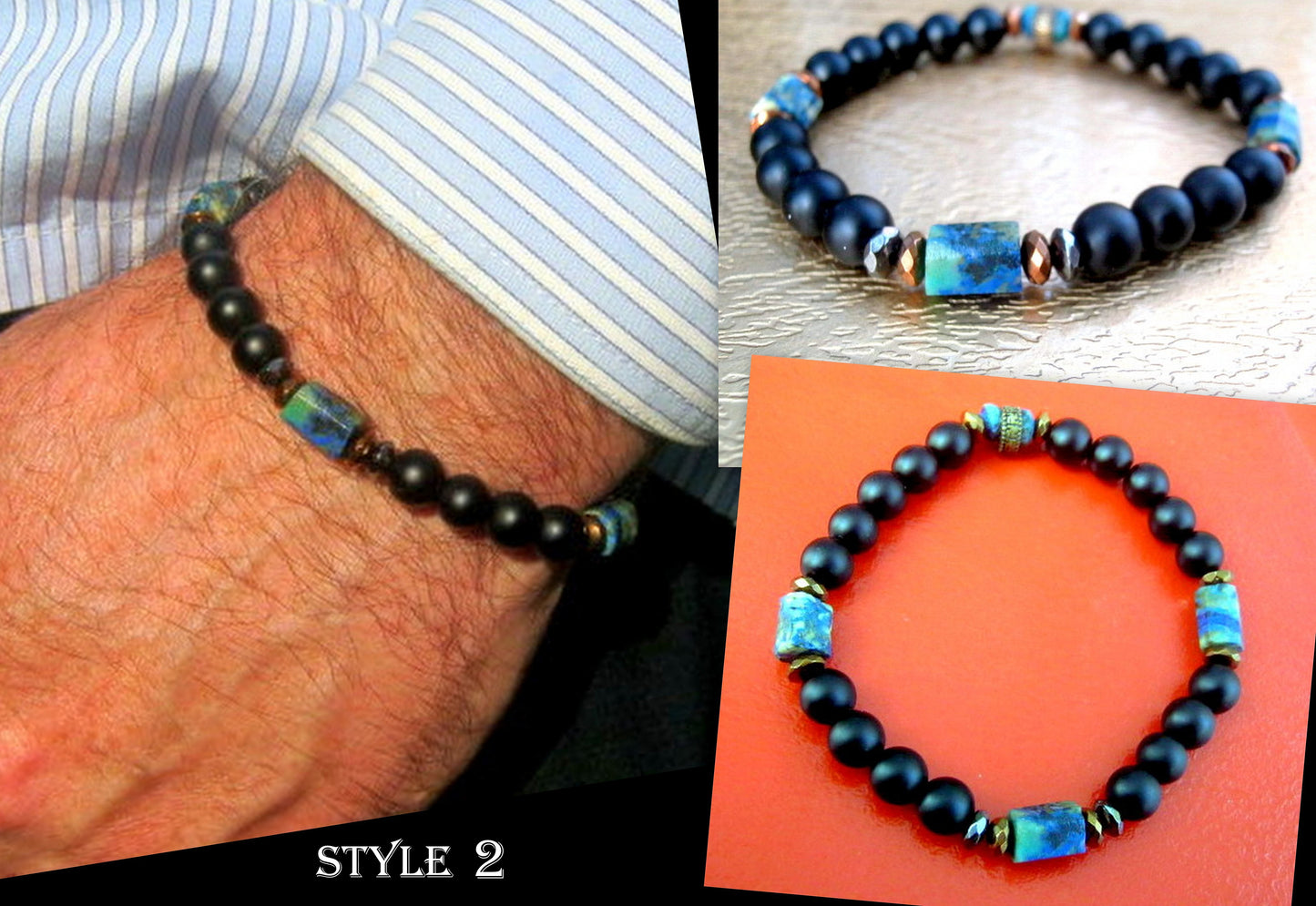 Men stone Bracelet Crazy lace Agate,Turquoise Azurite Chrisocolla Black Onyx, Hematite Healing stone, handmade bracelet men gift
