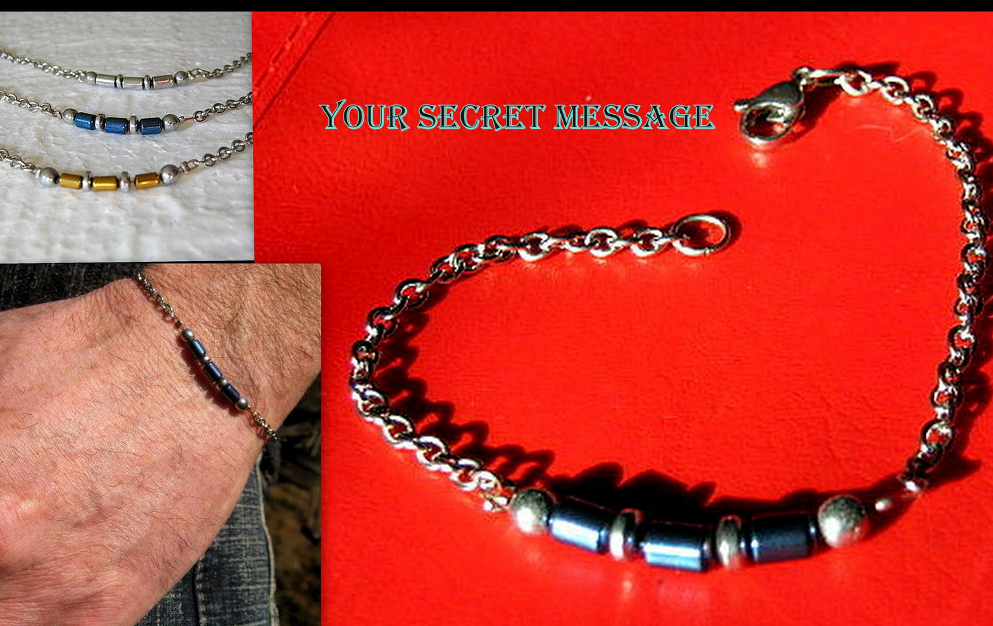 Custom CODE MORSE men/women Bracelet blue Hematite & Stainless steel chain, I love you Secret Message, Healing protection stone Men handmade slim bracelet Men gift