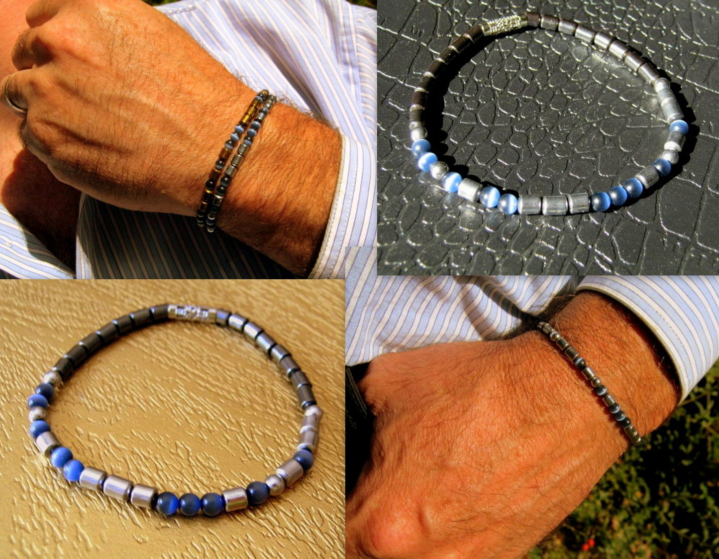 Custom MORSE CODE men/women Cat Eye Opal Hematite stone Bracelet, I love you Secret Message, Healing protection gemstone Men handmade slim bracelet Men gift