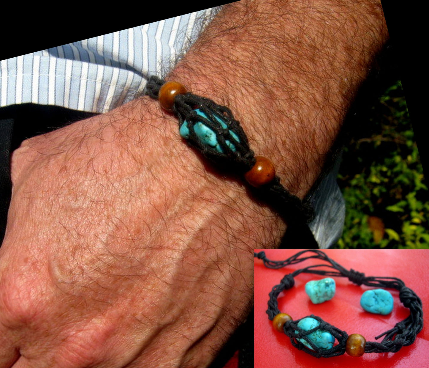 Men TURQUOISE, Obsidian raw stone, Sandalwood Hematite bracelet thin Cord slice knot Bracelet, Healing crystal, Stack slim set surfer Handmade bracelet men gift