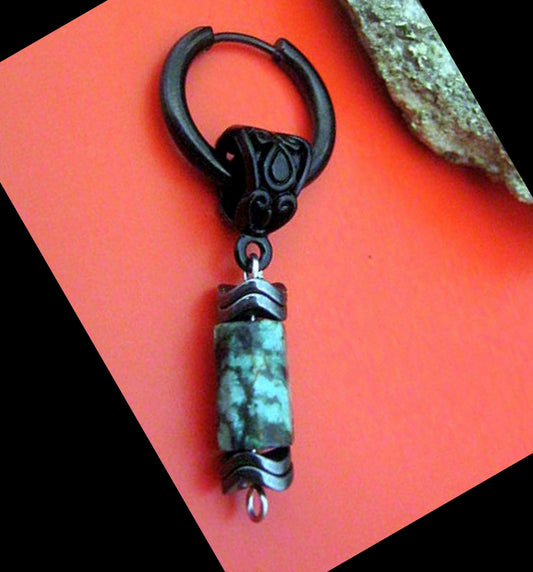 CAMELYS MAGIC 4 MEN - Men Earring African turquoise & Hematite stone Dangle Hoop/ clip on, Handmade earring men gift