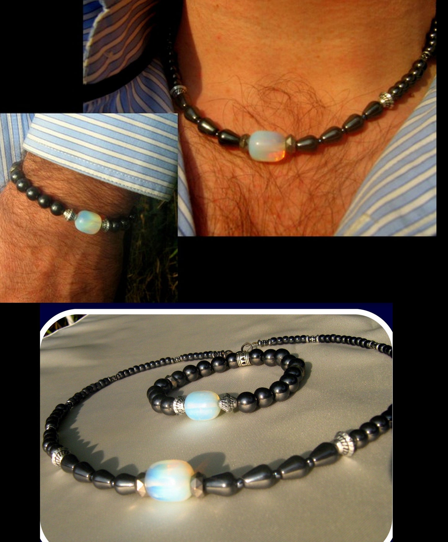 CAMELYS MAGIC 4 MEN - Men Opal Beaded NECKLACE Hematite. Protection & Healing stone Handmade necklace men gift