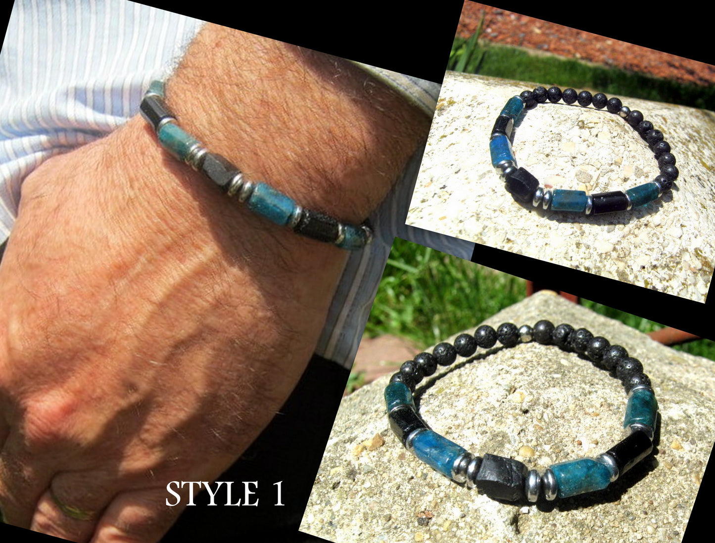 CAMELYS MAGIC 4 MEN - Men Bracelet Blue KYANITE LAVA Tourmaline Apatite, 925 St. Silver, Protection Healing stone, handmade bracelet men gift