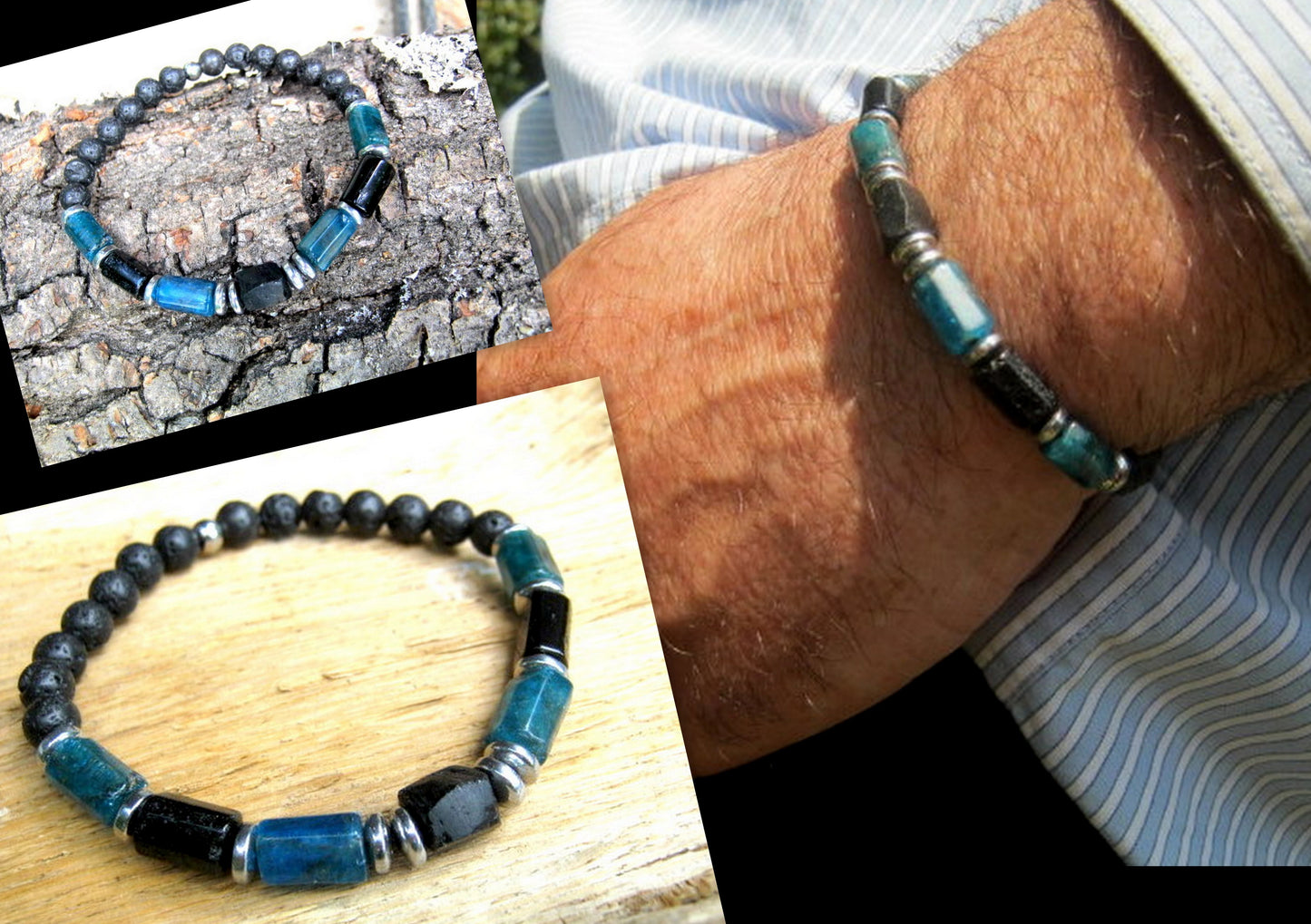 CAMELYS MAGIC 4 MEN - Men Bracelet Blue KYANITE LAVA Tourmaline Apatite, 925 St. Silver, Protection Healing stone, handmade bracelet men gift
