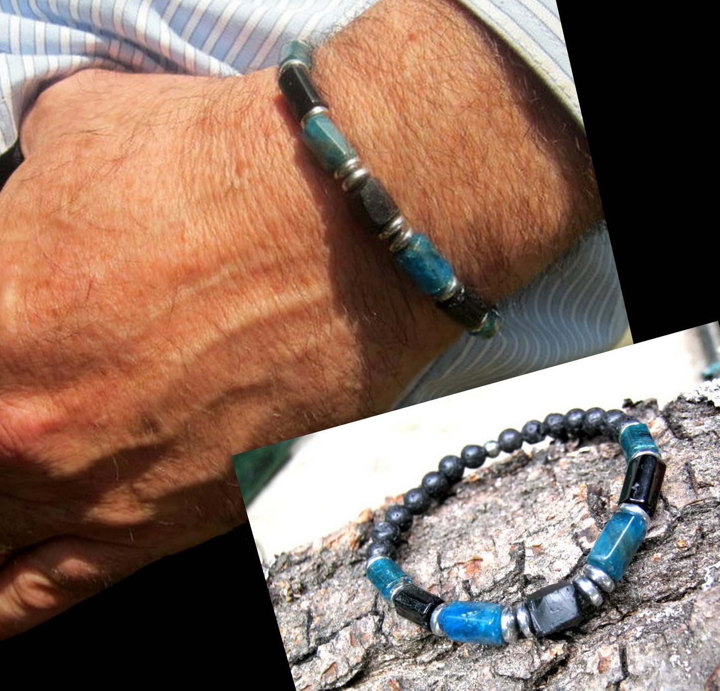 CAMELYS MAGIC 4 MEN - Men Bracelet Blue KYANITE LAVA Tourmaline Apatite, 925 St. Silver, Protection Healing stone, handmade bracelet men gift