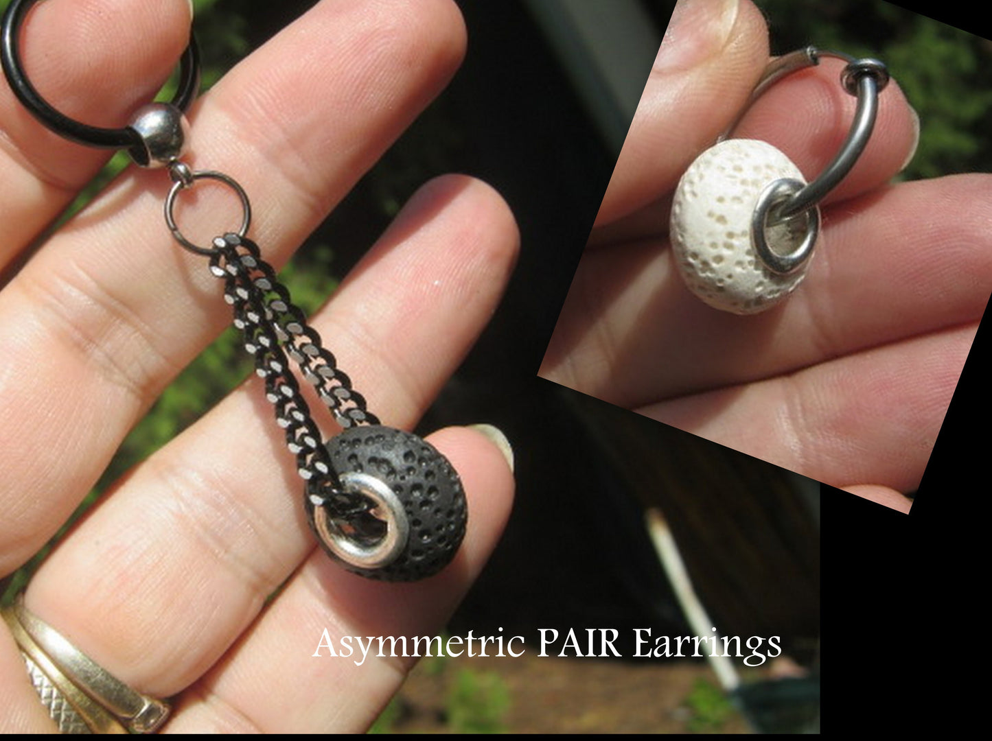 Men Earring donut LAVA stone, Dangle Hoop/ clip on black, Aromatherapy stone Handmade earring men women gift