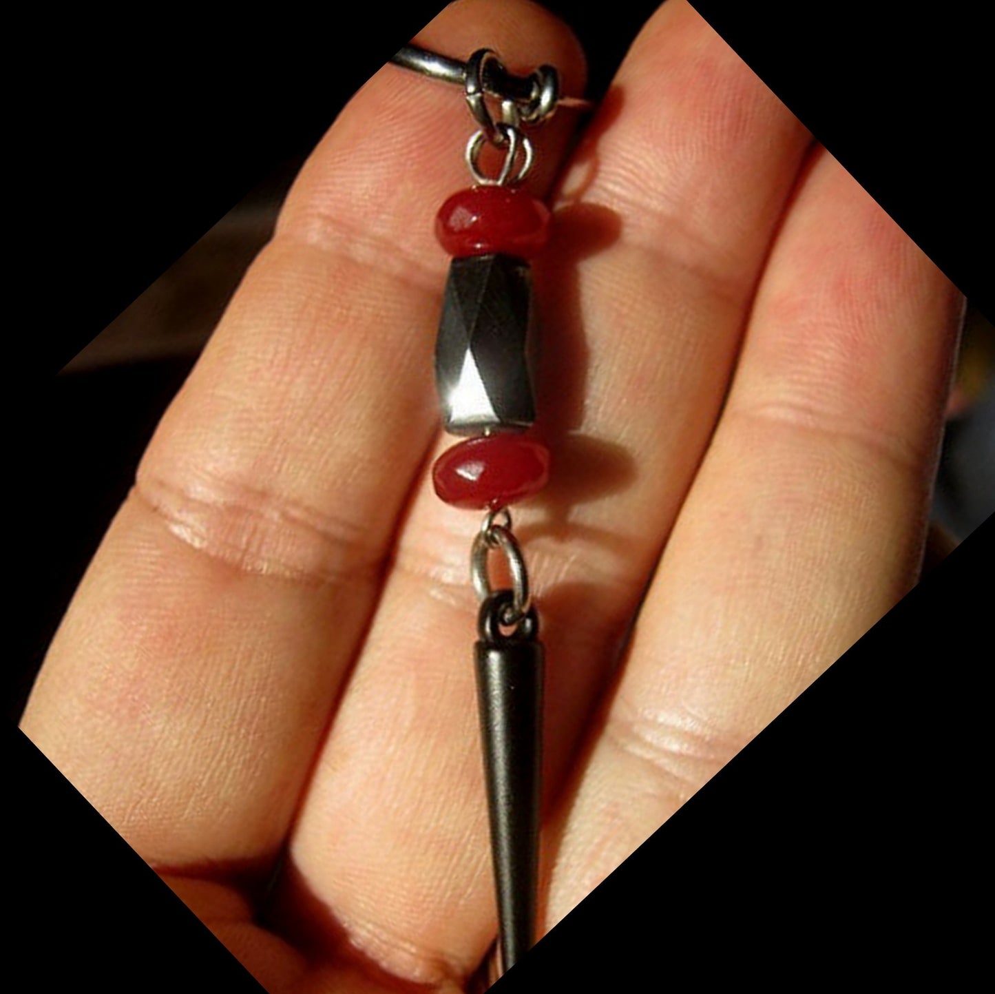 Men Earring RUBY & Hematite faceted stone, spike, Dangle Hoop/ clip on black, stone Handmade earring men gift