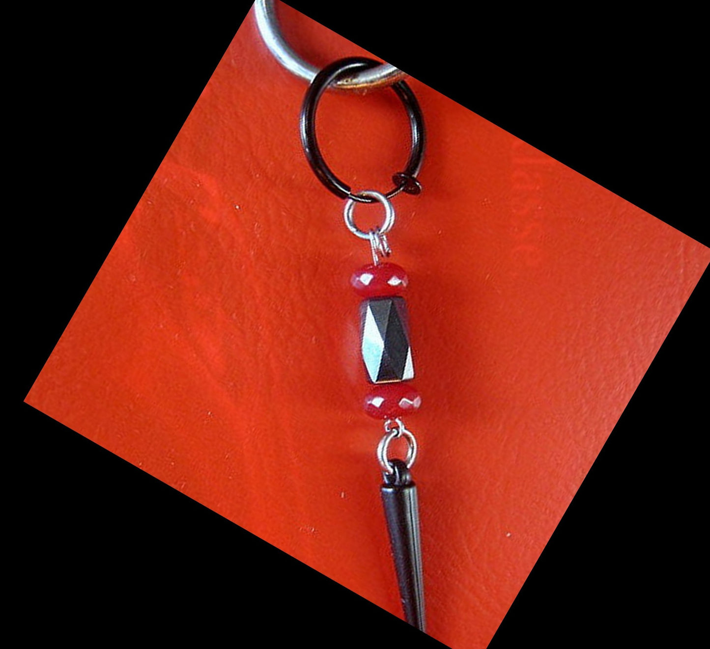 Men Earring RUBY & Hematite faceted stone, spike, Dangle Hoop/ clip on black, stone Handmade earring men gift