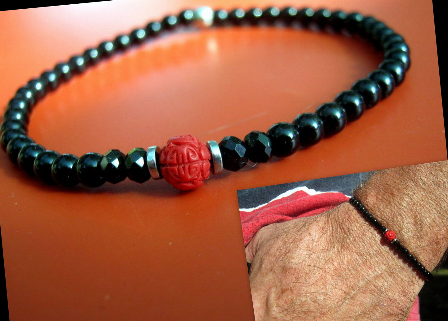 Men bracelet tiny gemstones-Coral Onyx Tourmaline Spinel black Diamonds, silver st 925, protection mantra stone handmade slim bracelet men gift