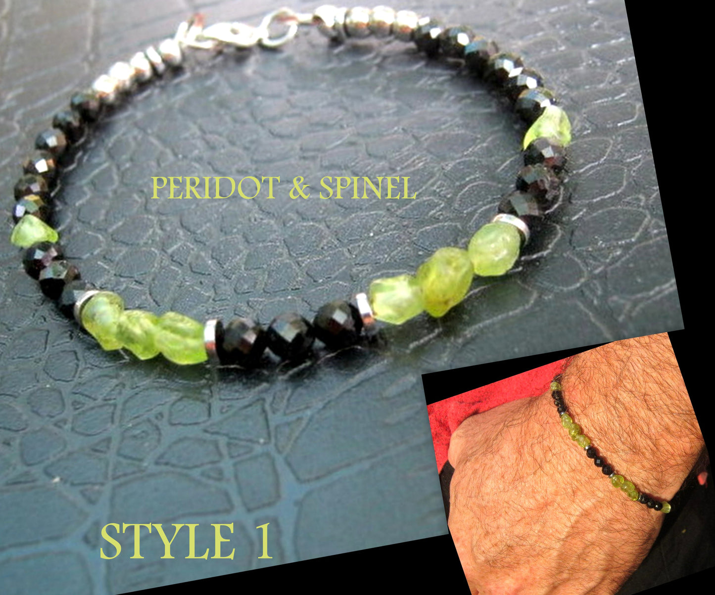 Men tiny raw PERIDOT green Black Diamond Spinel Tourmaline bracelet, protection precious stone Handmade slim bracelet men gift