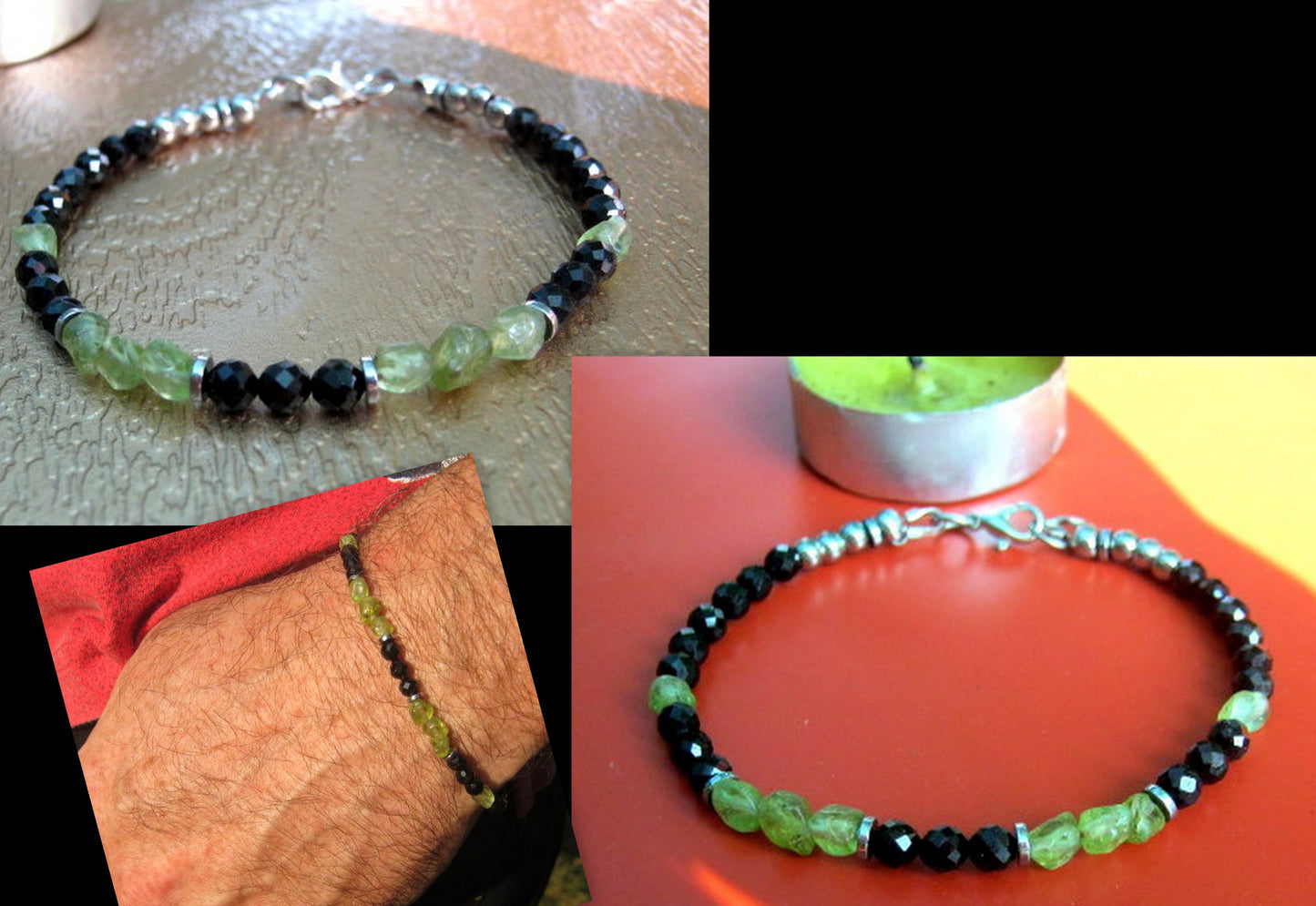 Men tiny raw PERIDOT green Black Diamond Spinel Tourmaline bracelet, protection precious stone Handmade slim bracelet men gift