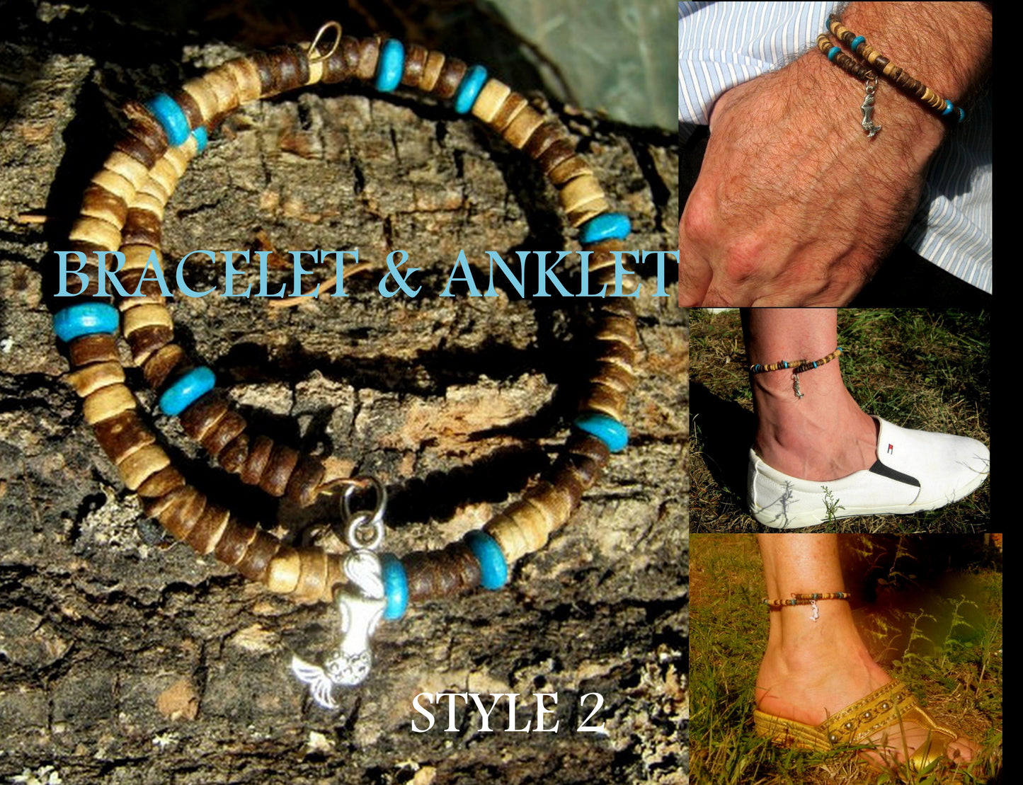 Men TURQUOISE Coconut Wood heishi Bracelet & Anklet. Surfer Beach Bracelets. Foot band boho bracelets, handmade bracelet men gift