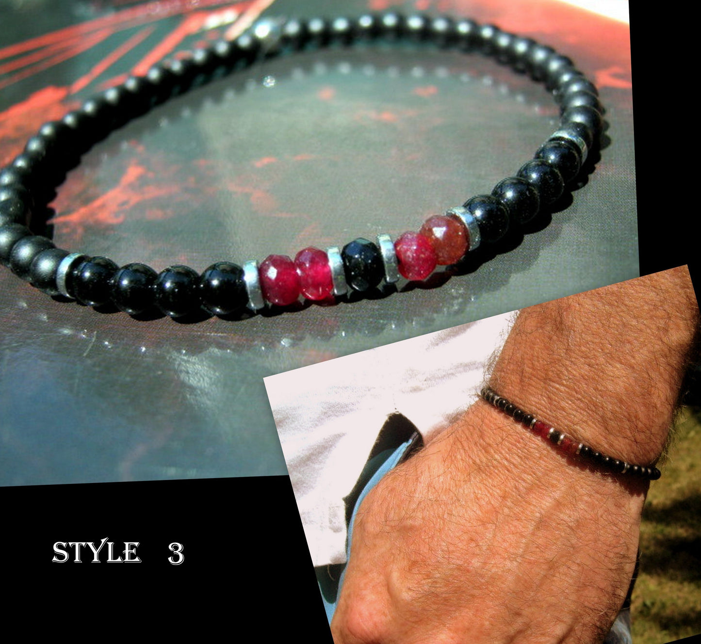 Men tiny RUBY Onyx Tourmaline Hematite Black Diamond Spinel bracelet, protection precious stone handmade slim bracelet men gift