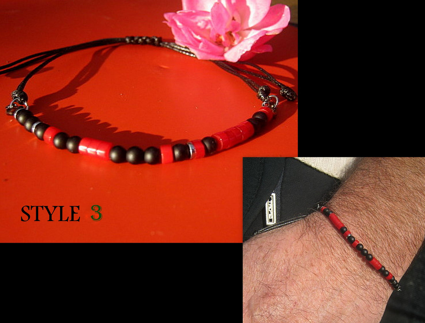 Custom CODE MORSE men/women Bracelet, Hematite, Coco wood, Onyx & RED CORAL, CORD, I love you Secret Message, Healing protection stone Men handmade slim bracelet Men gift