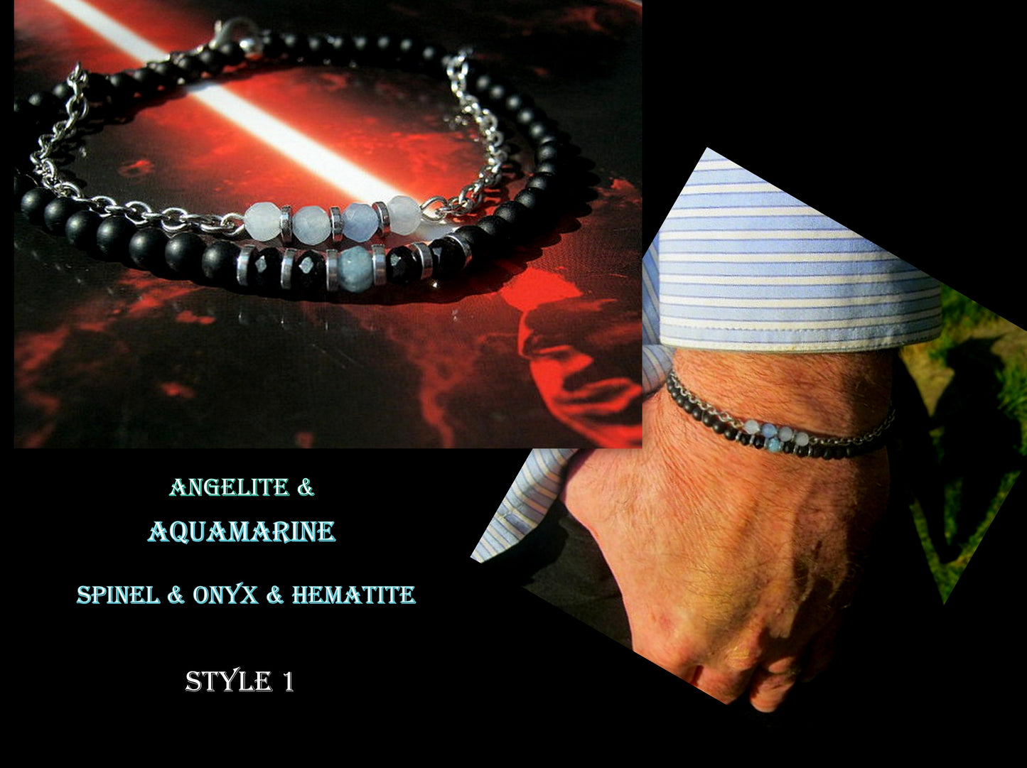 Men SET bracelets tiny Angelite AQUAMARINE Onyx Black Diamond Spinel Hematite bracelet,stainless steel, protection precious stone handmade slim bracelet men gift
