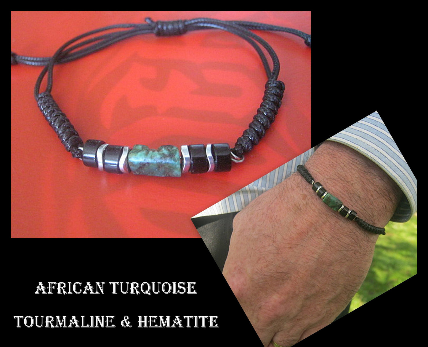 African TURQUOISE Tourmaline Hematite heishi men bracelet Cord slice knot slim set surfer bracelet, protection stone Men/ couple gift,Handmade bracelet