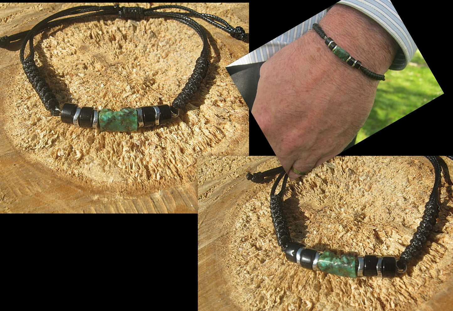 African TURQUOISE Tourmaline Hematite heishi men bracelet Cord slice knot slim set surfer bracelet, protection stone Men/ couple gift,Handmade bracelet