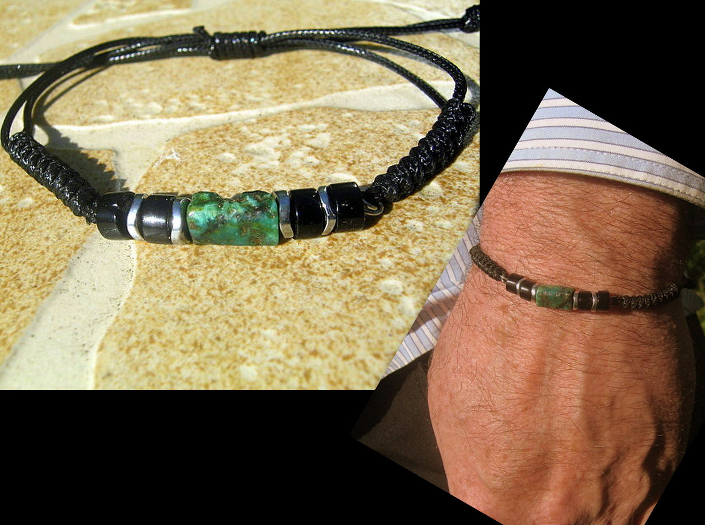 African TURQUOISE Tourmaline Hematite heishi men bracelet Cord slice knot slim set surfer bracelet, protection stone Men/ couple gift,Handmade bracelet