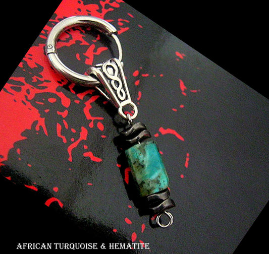 CAMELYS MAGIC 4 MEN - Men Earring African turquoise & Hematite stone Dangle Hoop/ clip on, Handmade earring men gift