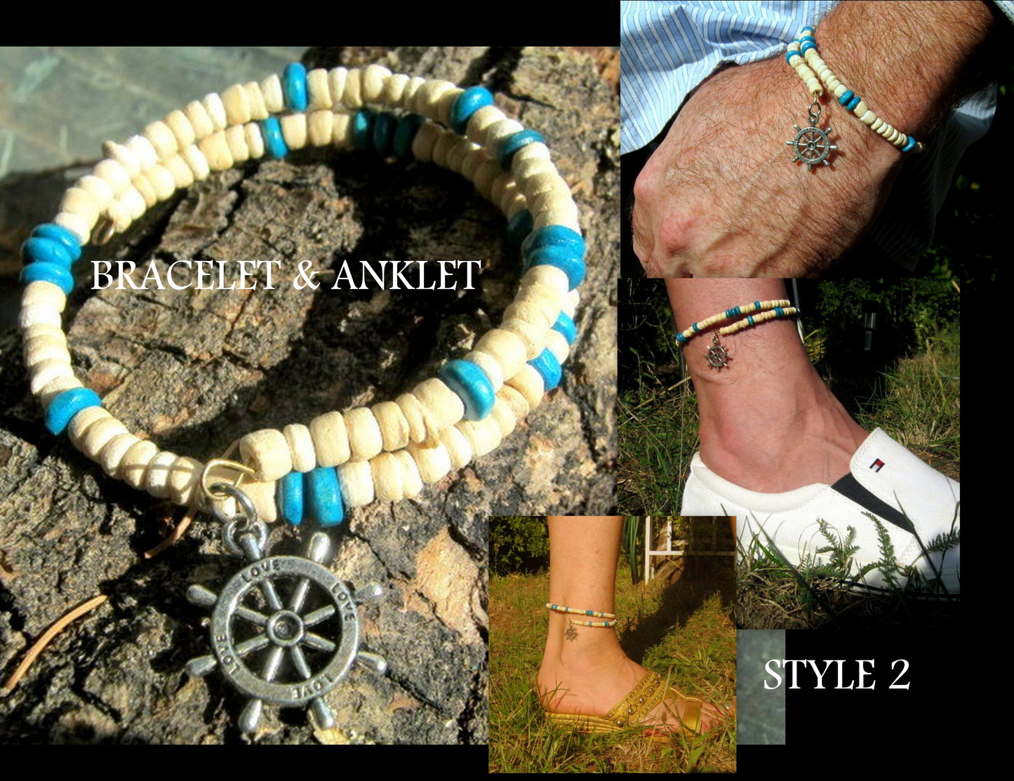 Men TURQUOISE Coconut Wood heishi Bracelet & Anklet. Surfer Beach Bracelets. Foot band boho bracelets, handmade bracelet men gift