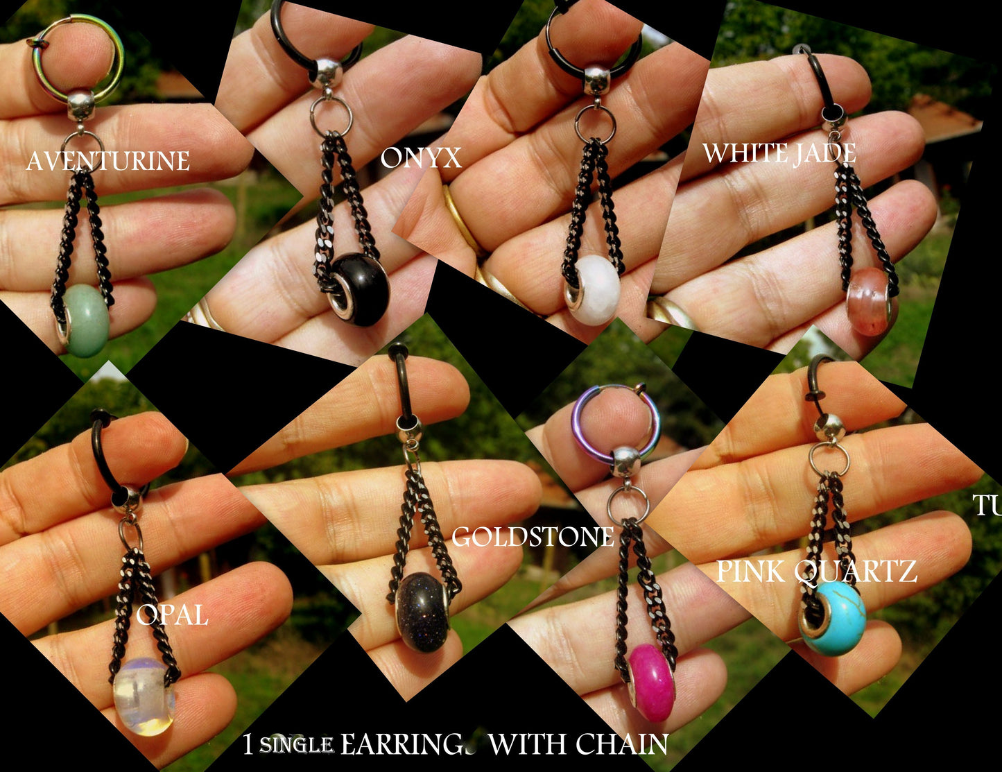 Men Earring donut GEMSTONE, Dangle Hoop/ clip on black, Handmade earring men women gift
