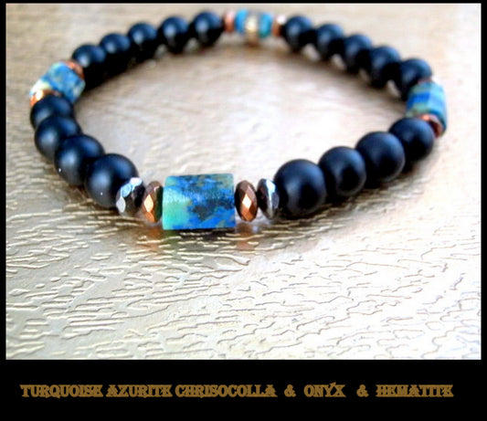 Men stone Bracelet Crazy lace Agate,Turquoise Azurite Chrisocolla Black Onyx, Hematite Healing stone, handmade bracelet men gift