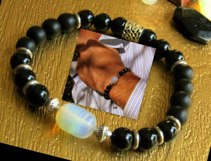 Men OPAL stone Bracelet Tourmaline Hematite Onyx Moonstone Coco wood, Handmade bracelet men gift