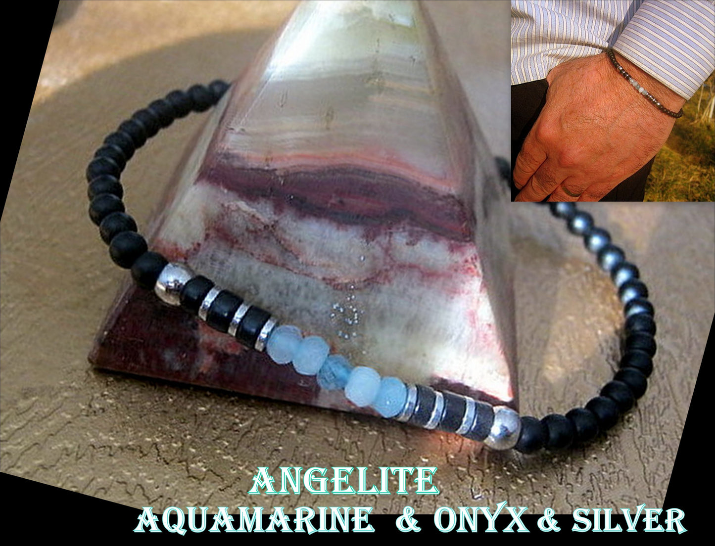 Men tiny AQUAMARINE Angelite Tourmaline Onyx  Black Diamond Spinel Hematite bracelet, protection precious stone handmade slim bracelet men gift