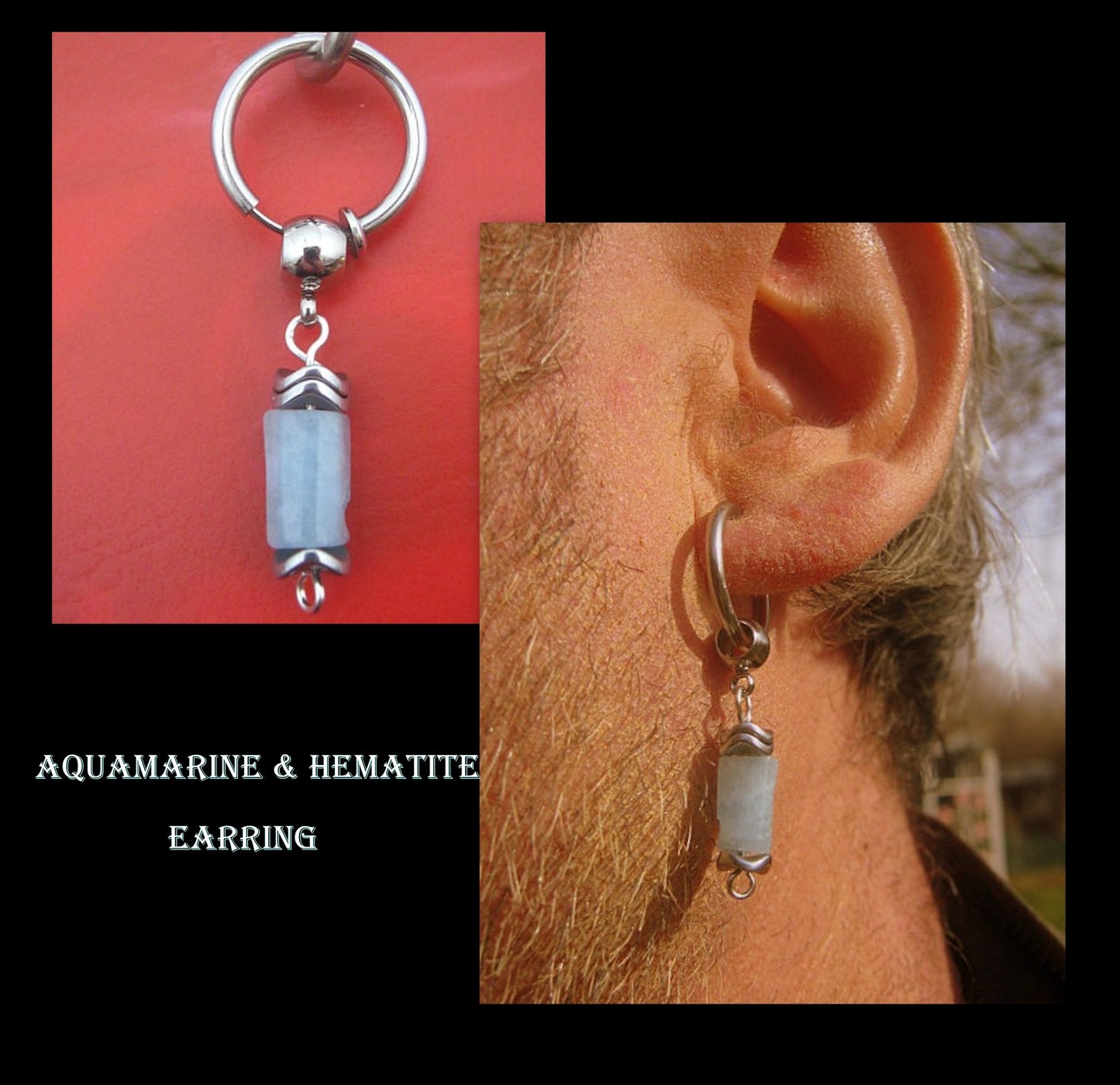 AQUAMARINE stone Hematite men Earring Hoop/ Clip on dangle unisex mono earring, Handmade earring men gift