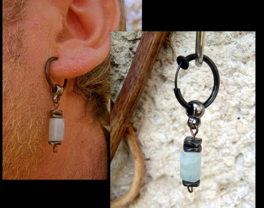 Men Earring AQUAMARINE stone & black Hematite stone, Dangle Hoop/ clip on black, stone, Handmade earring men gift