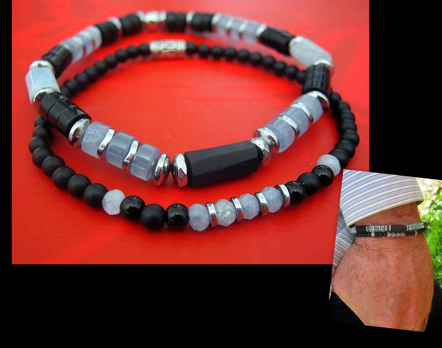 Men tiny AQUAMARINE Angelite Tourmaline Onyx  Black Diamond Spinel Hematite bracelet, protection precious stone handmade slim bracelet men gift