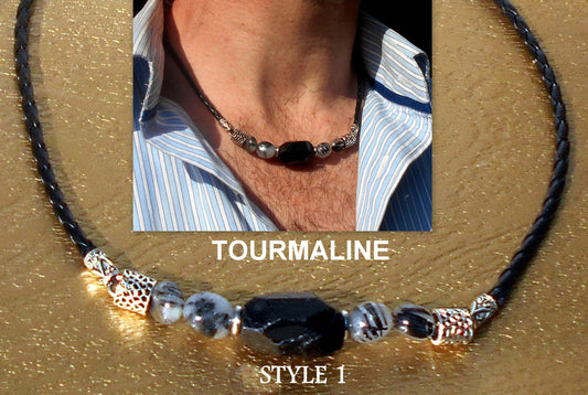 TOURMALINE rutilated quartz Citrine Tiger Eye Lava stone men Necklace EMF Protection, healing crystal, black leather handmade necklace Men /couple Gift