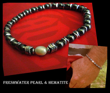 Men Bracelet Freshwater PEARL & black Hematite, Nacre, Black blue pearl, Prosperity Healing surfer bracelet Men/women/couple gift, handmade bracelet