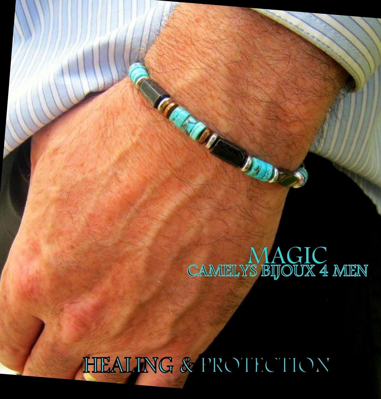 CAMELYS MAGIC 4 MEN - Bracelet african TURQUOISE Tourmaline Onyx Lava Coco wood heishi Hematite Healing stone, handmade bracelet men gift