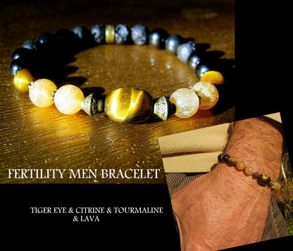 Men TIGER EYE fertility Bracelet Tourmaline Citrine Lava stone, Handmade bracelet men gift