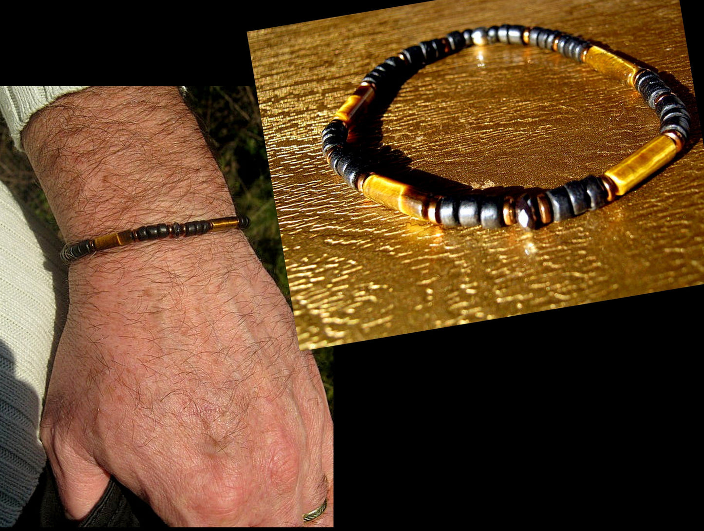 Men TIGER EYE bracelet Hematite Coco wood Healing protection stone, handmade bracelet Men gift