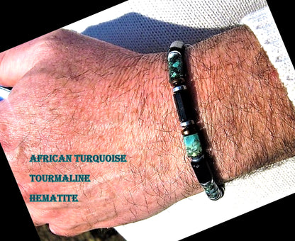 CAMELYS MAGIC 4 MEN -Men Bracelet african blue TURQUOISE Tourmaline Onyx Lava Coco wood heishi Hematite Healing stone, handmade bracelet men gift