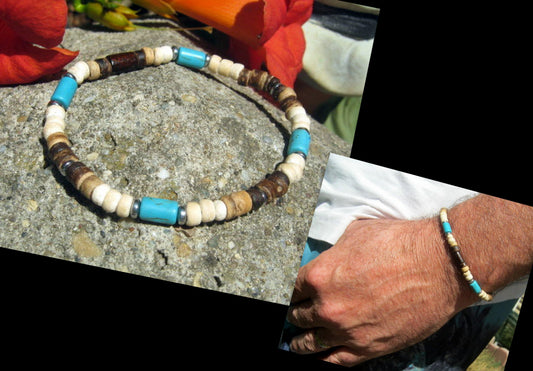 Men TURQUOISE white Coco wood heishi Surfer Tribal set Bracelets, Healing stone, handmade bracelet men gift