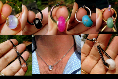 Men Earring donut GEMSTONE, Dangle Hoop/ clip on black, Handmade earring men women gift