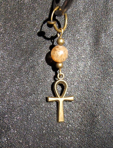 Men Earring Citrine stone-Full moon, ANKH cross Protection Dangle Hoop/ clip on bronze earring, Handmade earring women men gift