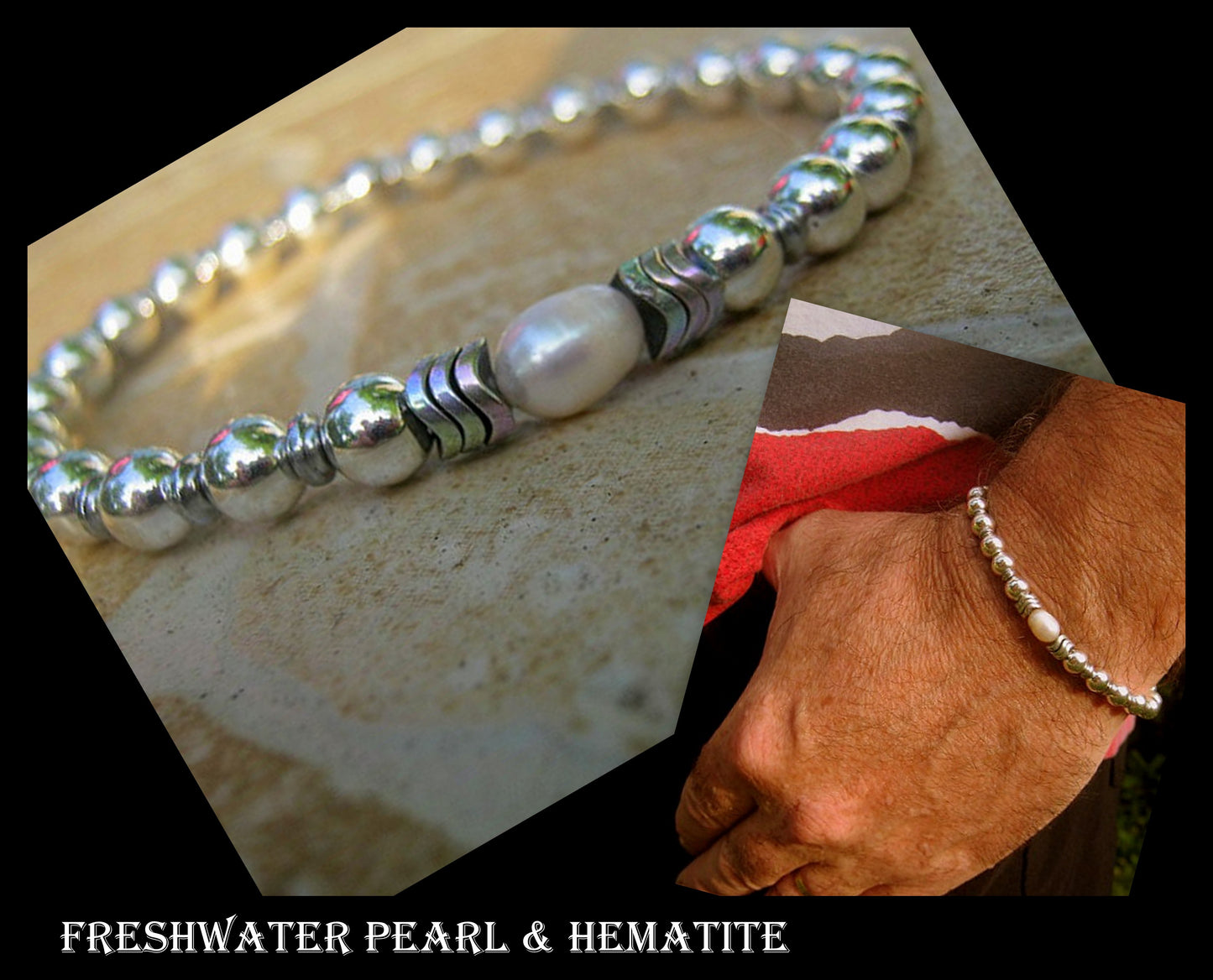 Men Bracelet Freshwater PEARL & silver Hematite, Nacre, Black blue pearl, Prosperity Healing surfer bracelet Men/women/couple gift, handmade bracelet