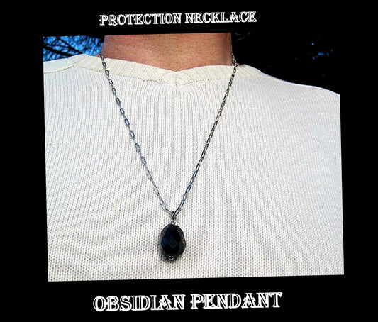 OBSIDIAN stone men pendant long Necklace EMF Protection, healing crystal, silver chain stainless steel/cord/leather handmade necklace Men /couple Gift