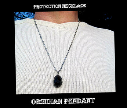 OBSIDIAN stone men pendant long Necklace EMF Protection, healing crystal, black cord/ leather/ silver chain stainless steel handmade necklace Men /couple Gift