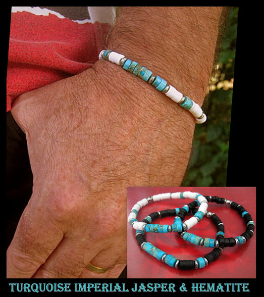 Men Turquoise Imperial Jasper, Bracelet white african style polymer heishi, silver hematite Healing stone, handmade bracelet men gift