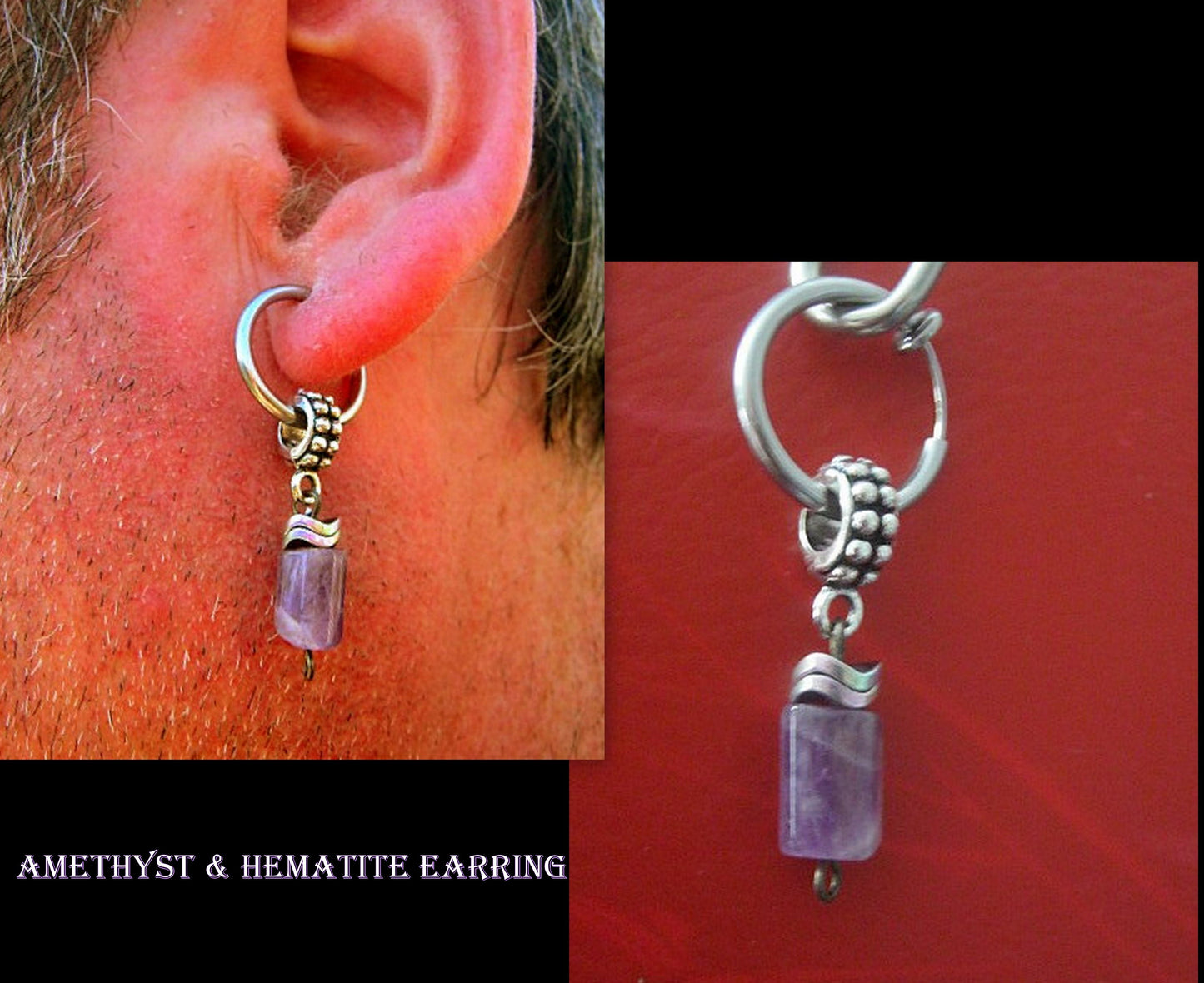 Men Earring AMETHYST stone & Hematite stone, Dangle Hoop/ clip on black, mono single unisex  stone Handmade earring men gift