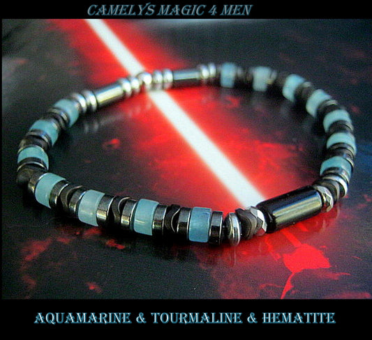 Men BRACELET AQUAMARINE & ANGELITE Tourmaline Hematite Onyx protection abundance stone handmade bracelet men gift