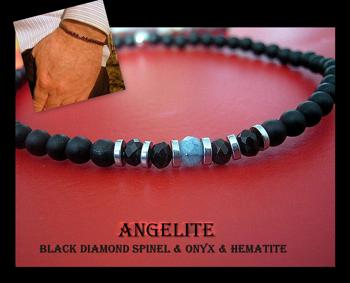 Men tiny Angelite AQUAMARINE Onyx Tourmaline Black Diamond Spinel Hematite bracelet, protection precious stone handmade slim bracelet men gift