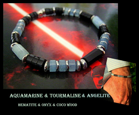 Men BRACELET AQUAMARINE & ANGELITE Tourmaline Hematite Onyx protection abundance stone handmade bracelet men gift