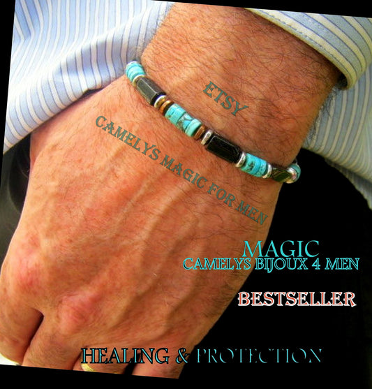 Men african blue TURQUOISE Bracelet Tourmaline Onyx  heishi Hematite Healing stone, handmade bracelet men gift