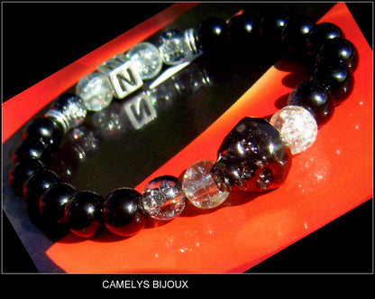Men Swarovski SKULL custom Bracelet Tourmaline ONYX stone blue/black Skull punk bracelet, Handmade bracelet men gift